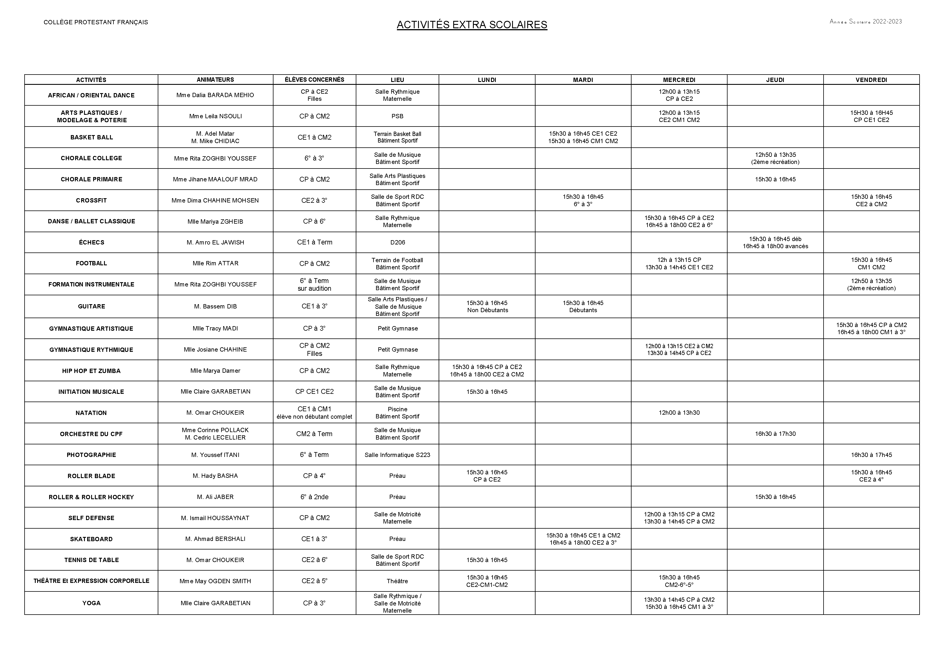 Activités Extra Scolaires 2022-2023